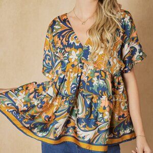 Entro New Boho Floral Print V-Neck Tiered Ruffle Tassel Top Size S M L